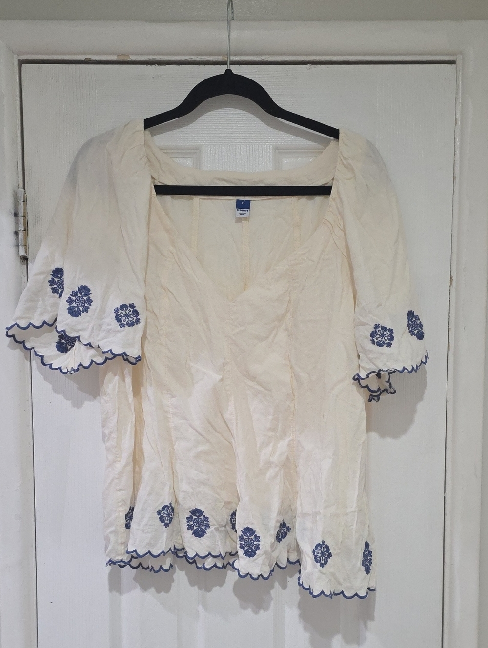 Old Navy Cream Peasant Blouse with Blue Floral Embroidery